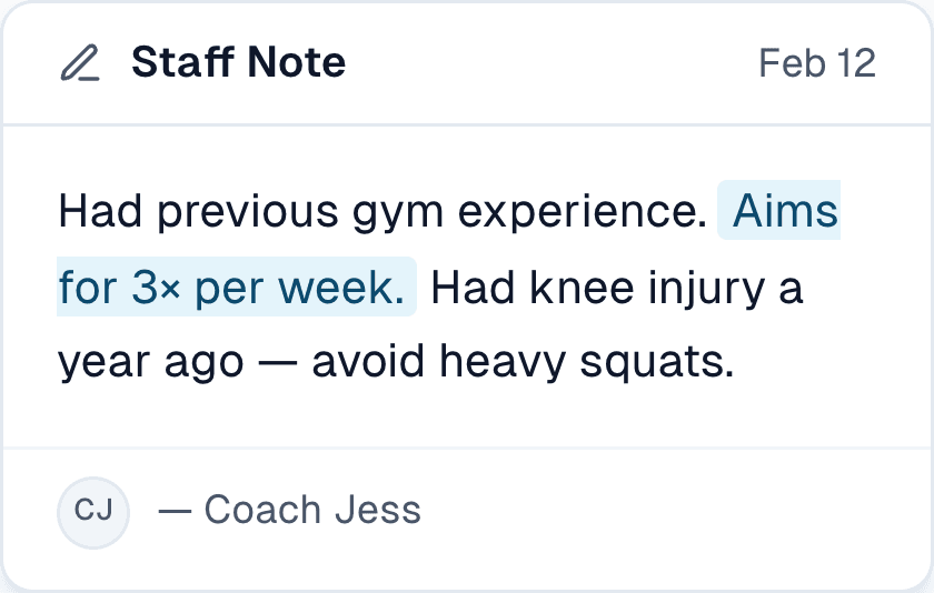 Coach Jess staff note about Rowanne D.